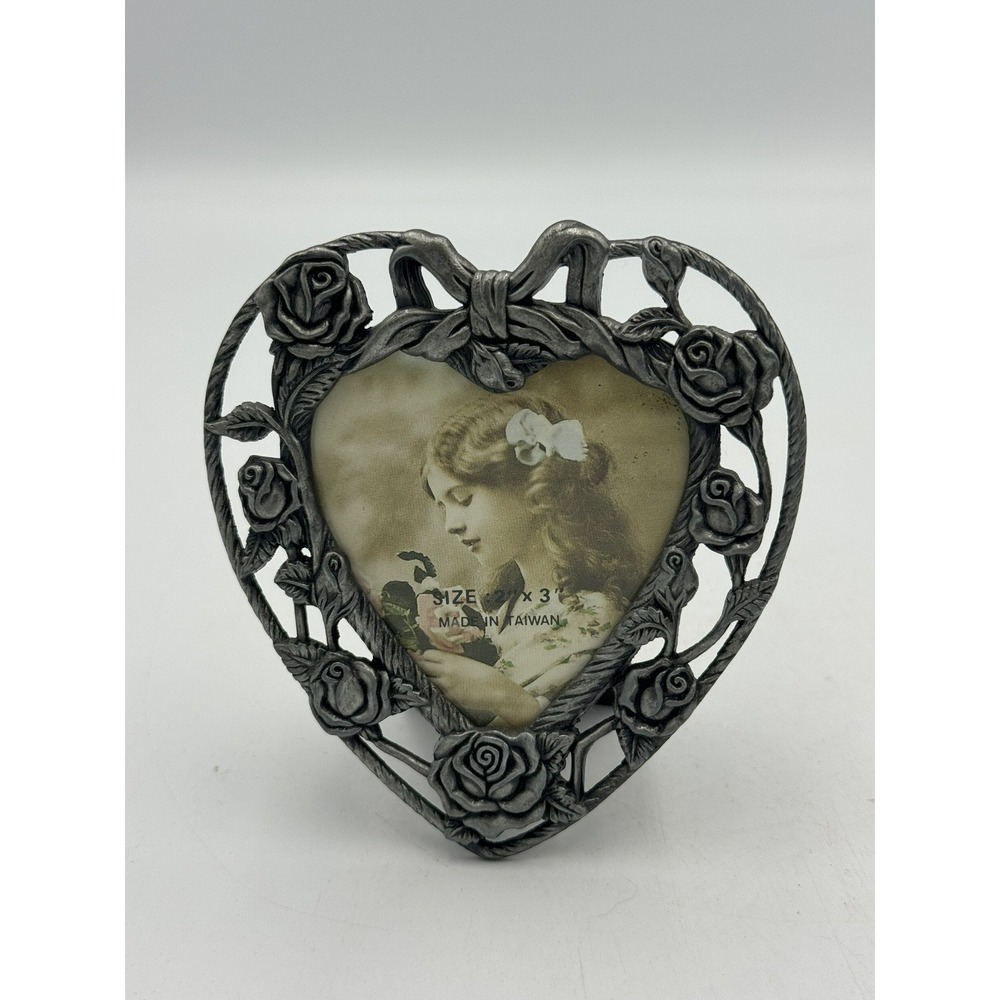 Vintage Mini Heart Photo Frame Roses Bow 2 x 3 Romantic Feminine Victorian